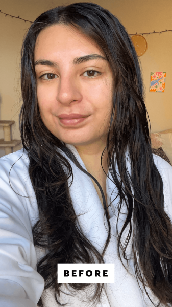 Hussein before applying the Briogeo Style  Treat Yuzu  Plum Oil Soft Power Air Dry Cream