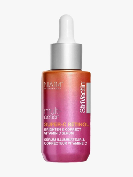 StriVectin Multi-Action Super-C Retinol Brighten & Correct Vitamin C Serum pink and orange serum bottle on light gray background
