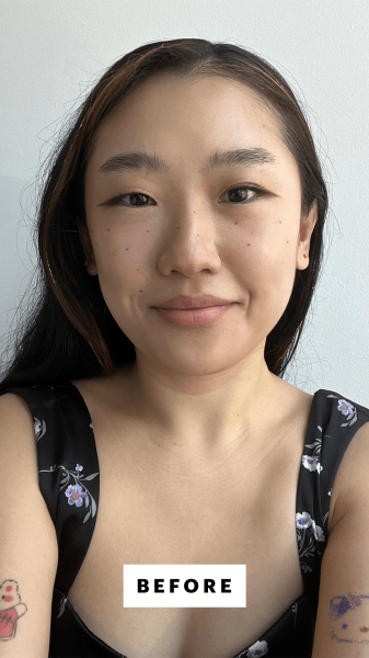 Han before applying Summer Fridays Dream Lip Oil in Soft Mauve to her lips