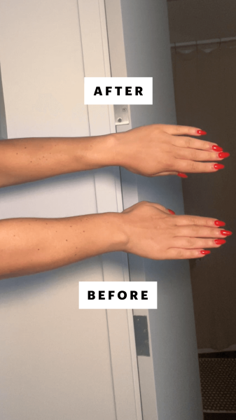 Wohlner before and after applying the St. Tropez Self Tan Express Mousse