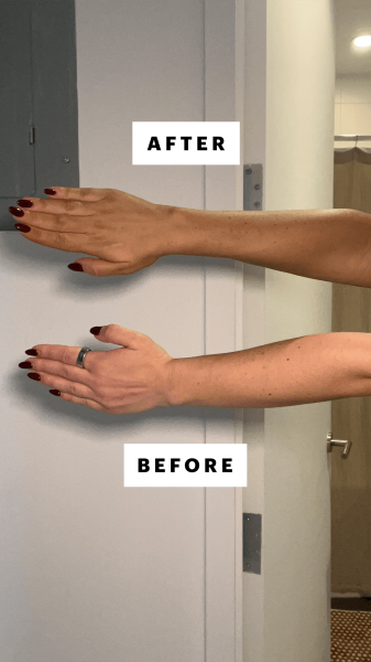 Wohlner before and after applying Lux Unfiltered N°36 Tanning Mousse