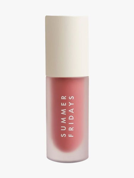 Summer Fridays Dream Lip Oil vial of pink lip oil with beige cap on light gray background
