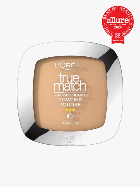 L_Oréal Paris True Match Super-Blendable Powder compact of pressed powder on light gray background with red Allure Best of Beauty Hall of Fame seal in the top right corner