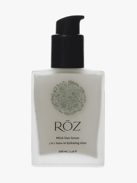 Roz Milk Hair Serum in branded component on a light gray background