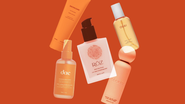 Best products for wavy hair a collage of five hair products on an orange background
