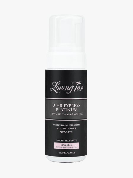 Loving Tan Platinum Express 2 Hour Mousse in branded component on a light gray background