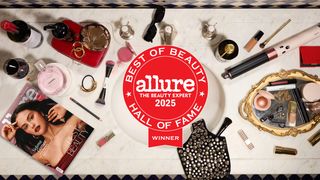 flat lay image of beauty products on bathroom counter with Allure magazine cover and Hall of Fame seal